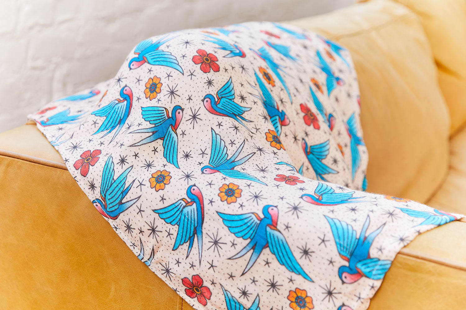 Bird print baby blanket closeup of bamboo fabric