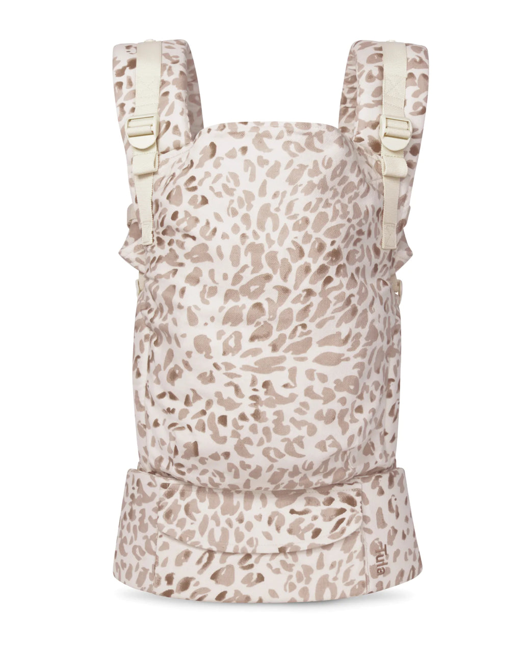A linen baby carrier in a beige and light brown leopard print pattern, shown against a plain white background.