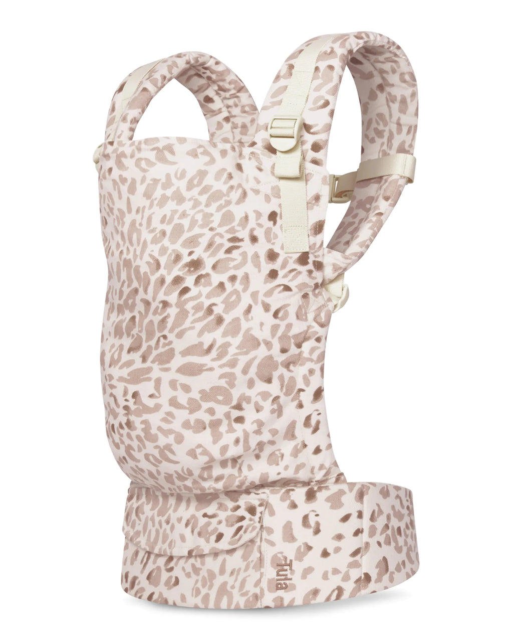 A linen baby carrier with a beige and brown leopard print pattern, featuring cream-colored straps and buckles, shown against a plain white background.