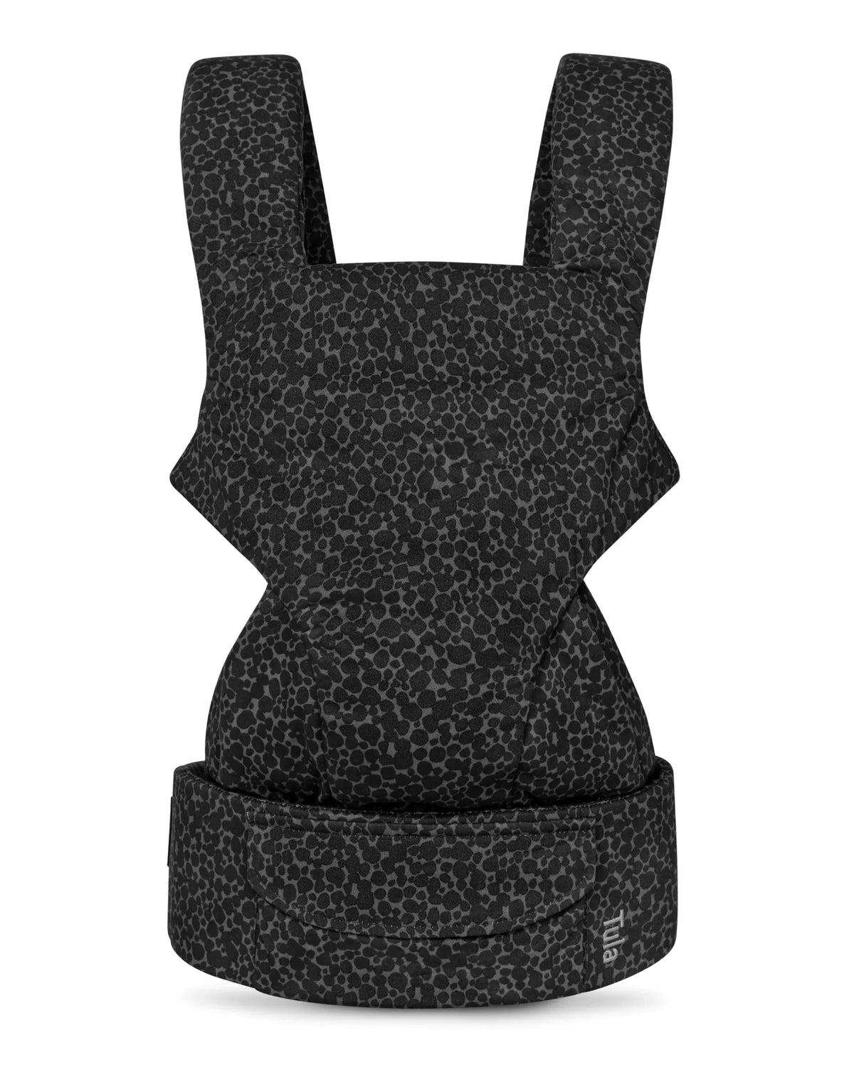 A cotton baby carrier in black with a fine gray leopard print pattern, shown against a plain white background.