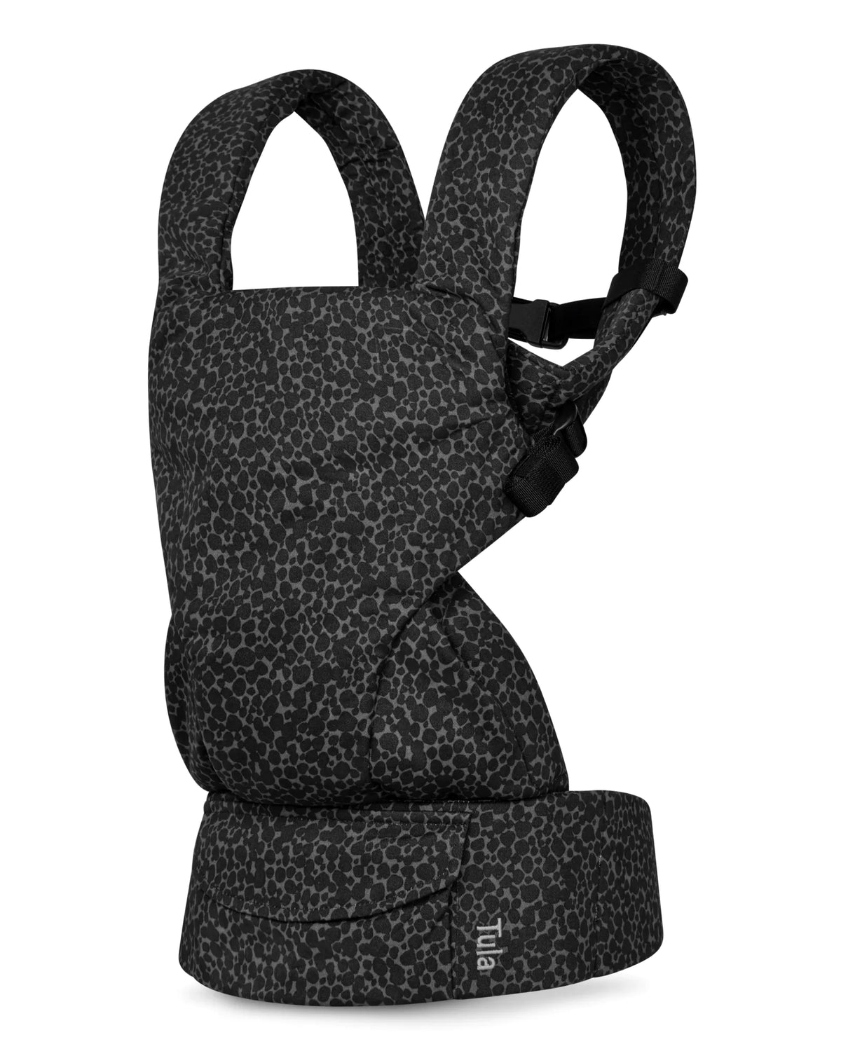 A cotton black baby carrier with a gray leopard print pattern, shown from the side against a plain white background.
