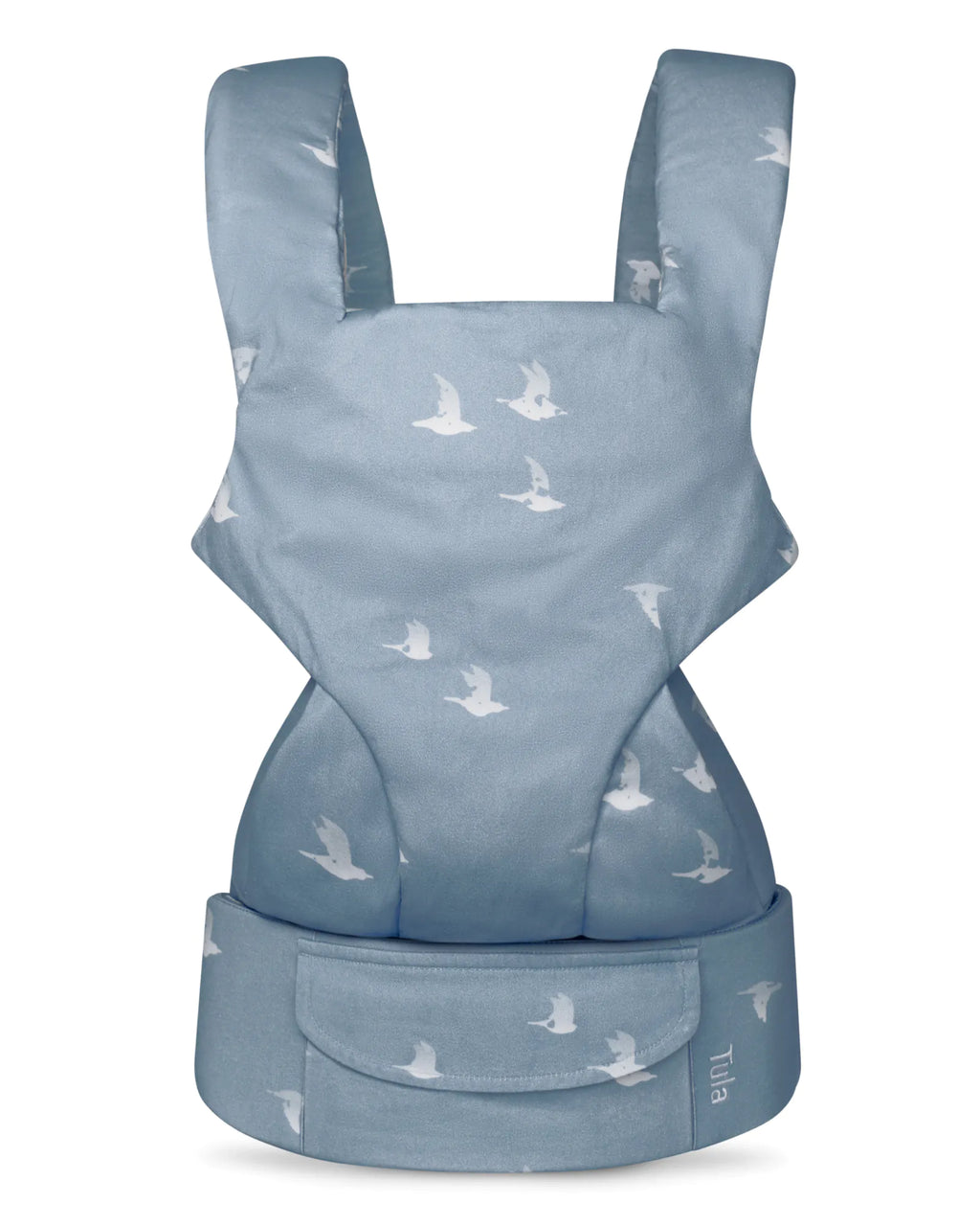 A cotton baby carrier  in a dusty blue fabric with a white seagull pattern, shown on a plain white background.