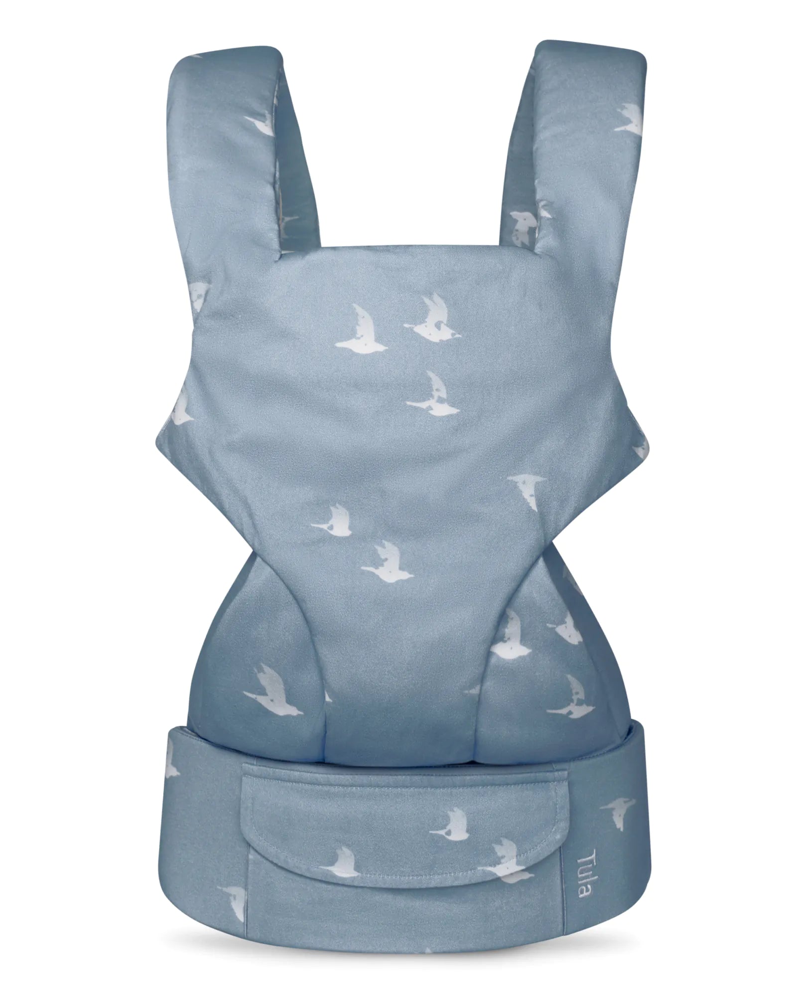 A cotton baby carrier  in a dusty blue fabric with a white seagull pattern, shown on a plain white background.