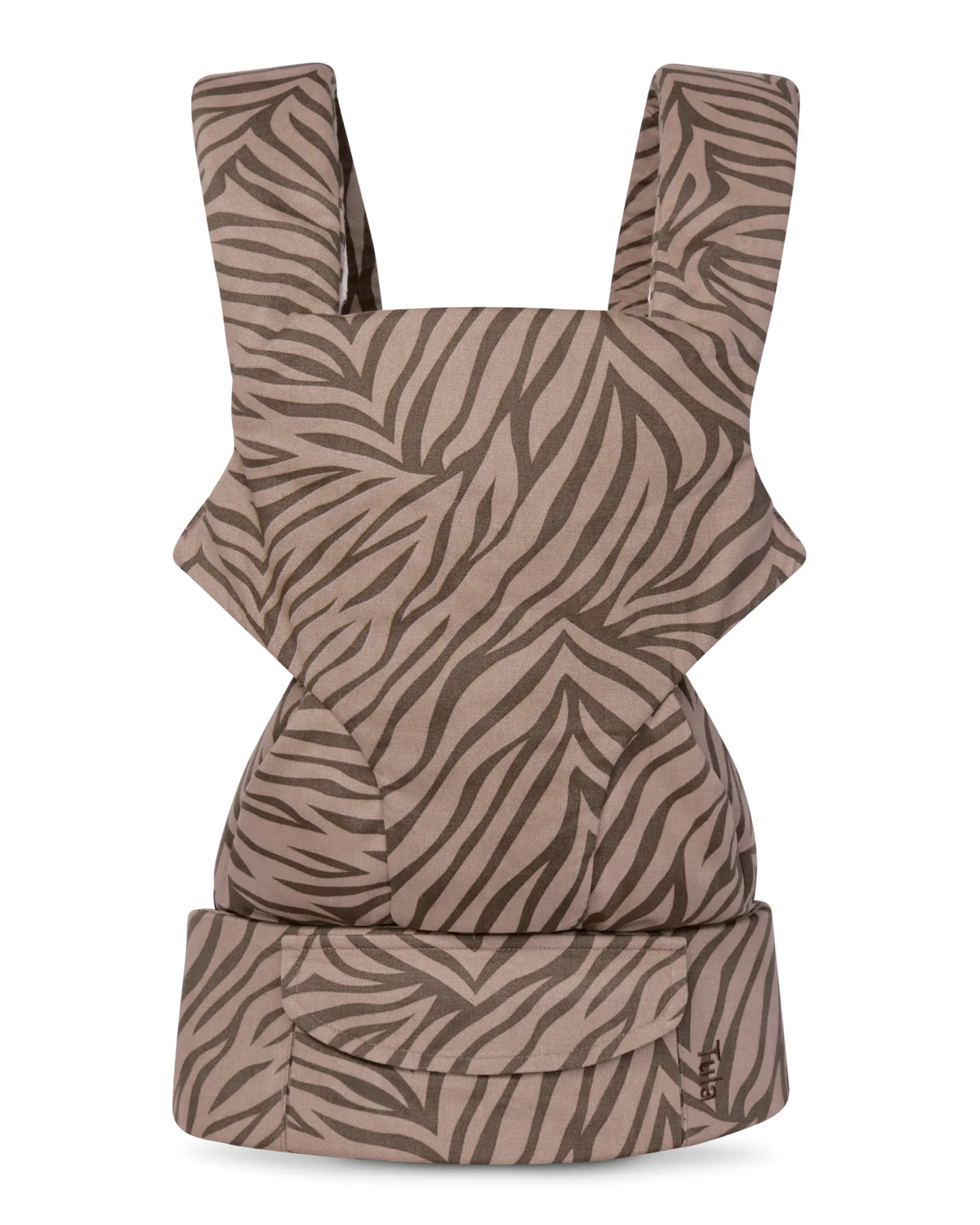 A cotton baby carrier with a brown and beige zebra-stripe pattern, shown against a plain white background.