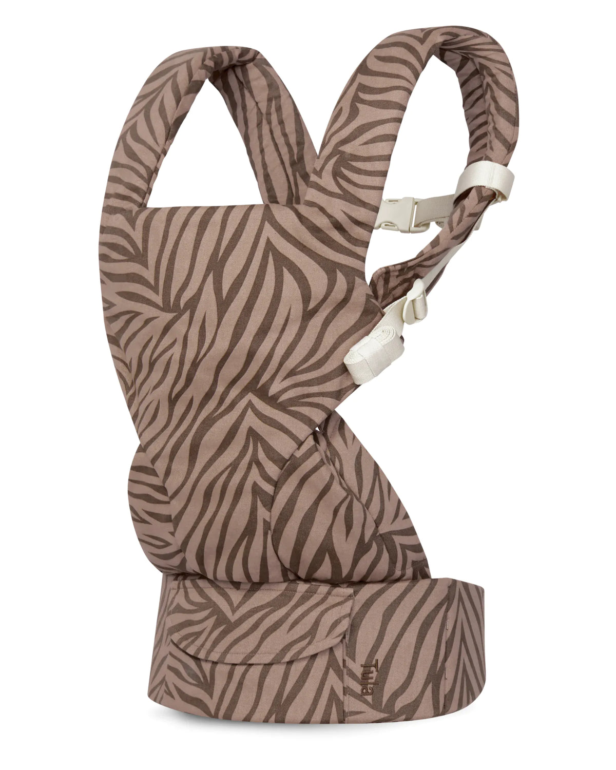 A cotton baby carrier with a brown and beige zebra stripe pattern, featuring adjustable white straps and buckles, shown against a plain white background.