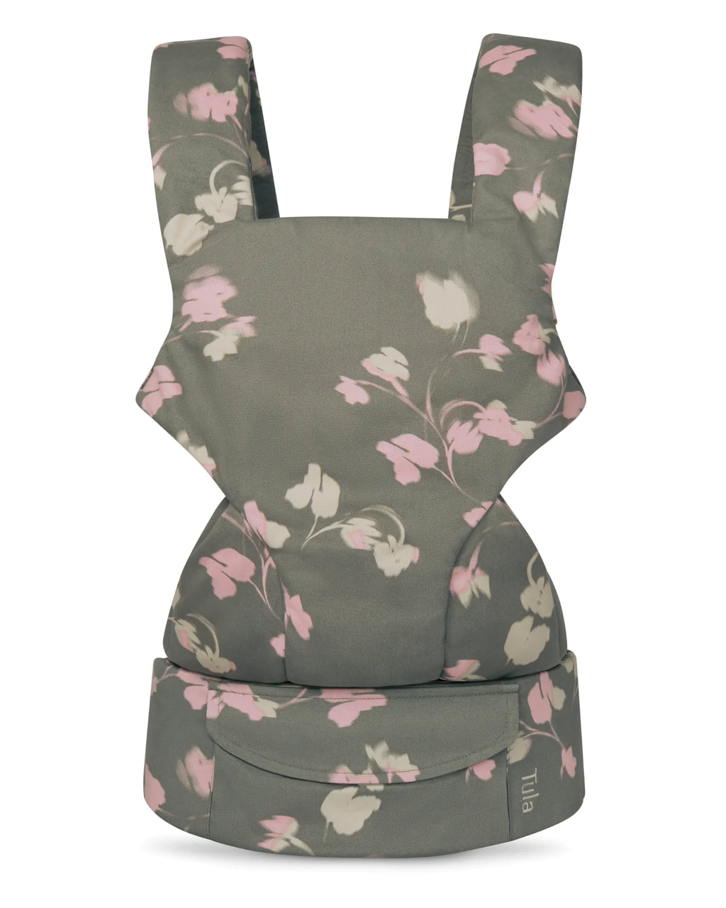 A cotton baby carrier in a muted sage green fabric with a delicate pink and cream floral pattern, shown against a plain white background.