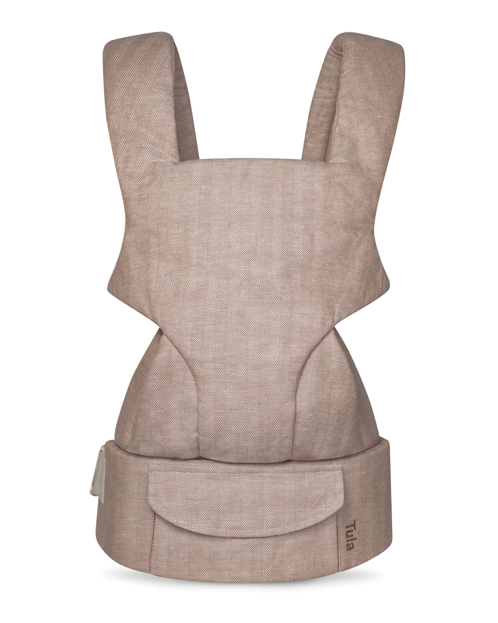 A structured linen baby carrier in a textured beige linen-like fabric, featuring a front pocket and a small vertical 'Tula' brand label, shown against a plain white background.