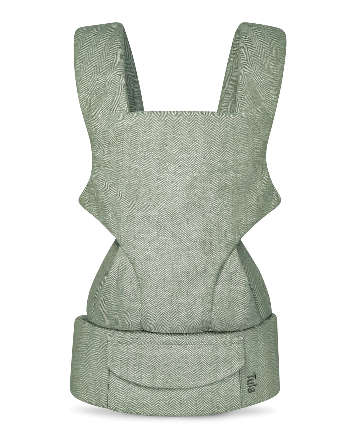A sage green linen baby carrier with a textured linen-like fabric, featuring shoulder straps, a structured front panel, and a waist belt with a front pocket. The brand name 'Tula' is visible on the lower right of the waist belt.