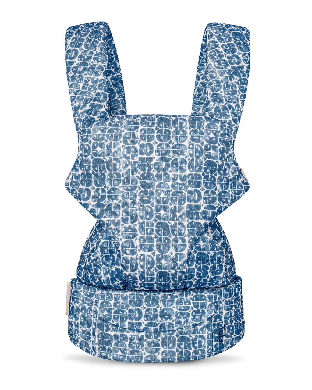 A mesh baby carrier seat with a blue and white geometric pattern, shown from the back against a plain white background.