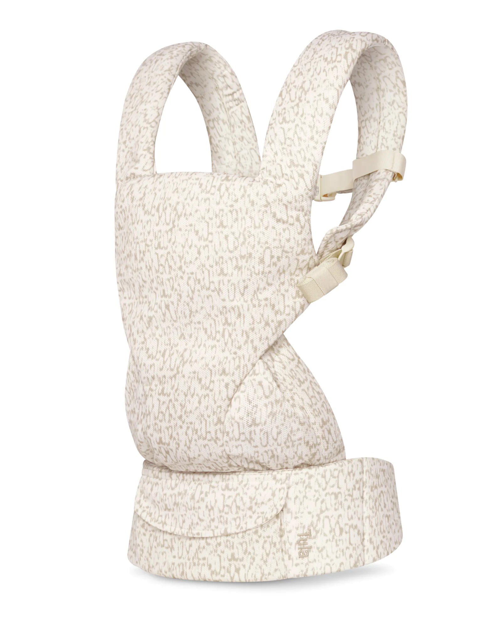 A mesh baby carrier in a light beige and white speckled pattern, shown from a side profile view against a solid white background.