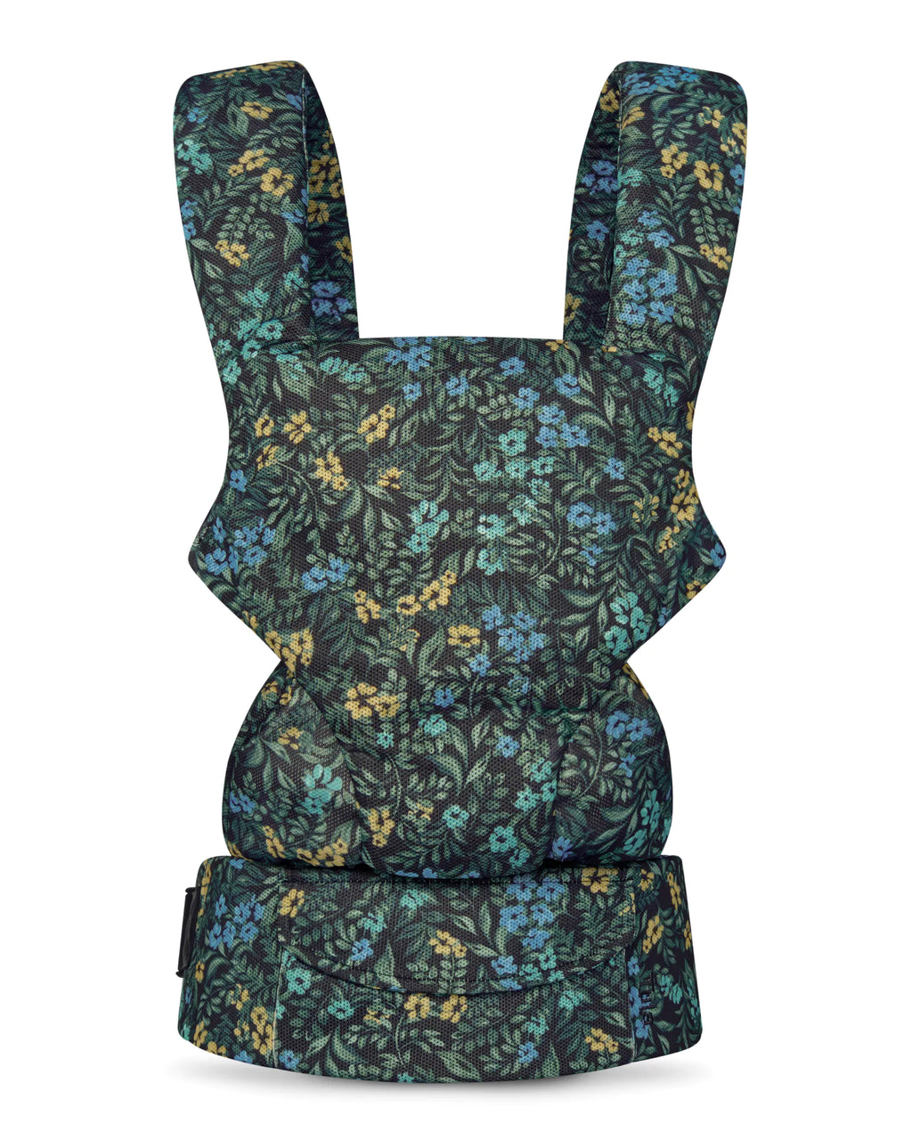 A mesh baby carrier with a dark floral pattern featuring blue, yellow, and green flowers on a black background, shown against a plain white background.