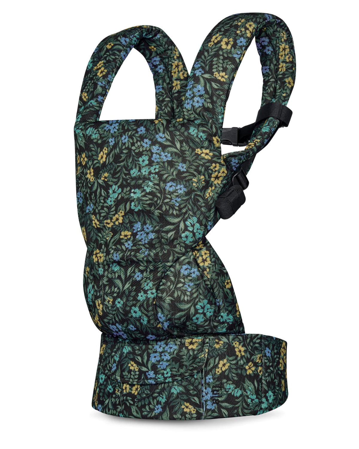 A mesh baby carrier with a dark green floral pattern featuring blue and yellow flowers, shown against a plain white background.