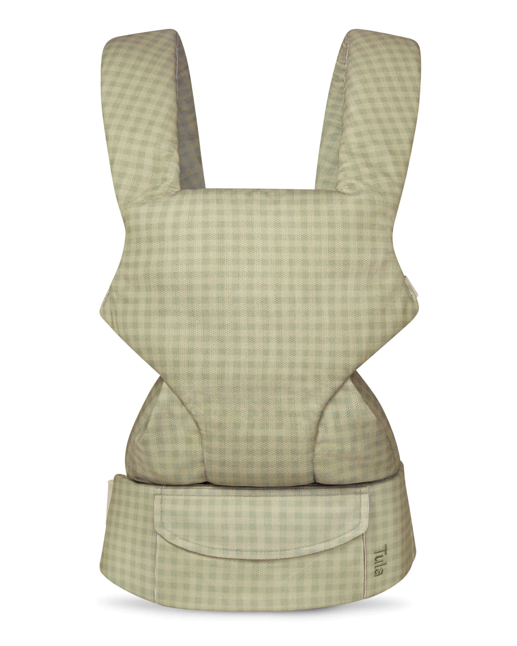 A mesh baby carrier in a light beige and sage green gingham check pattern, shown from the back against a white background.