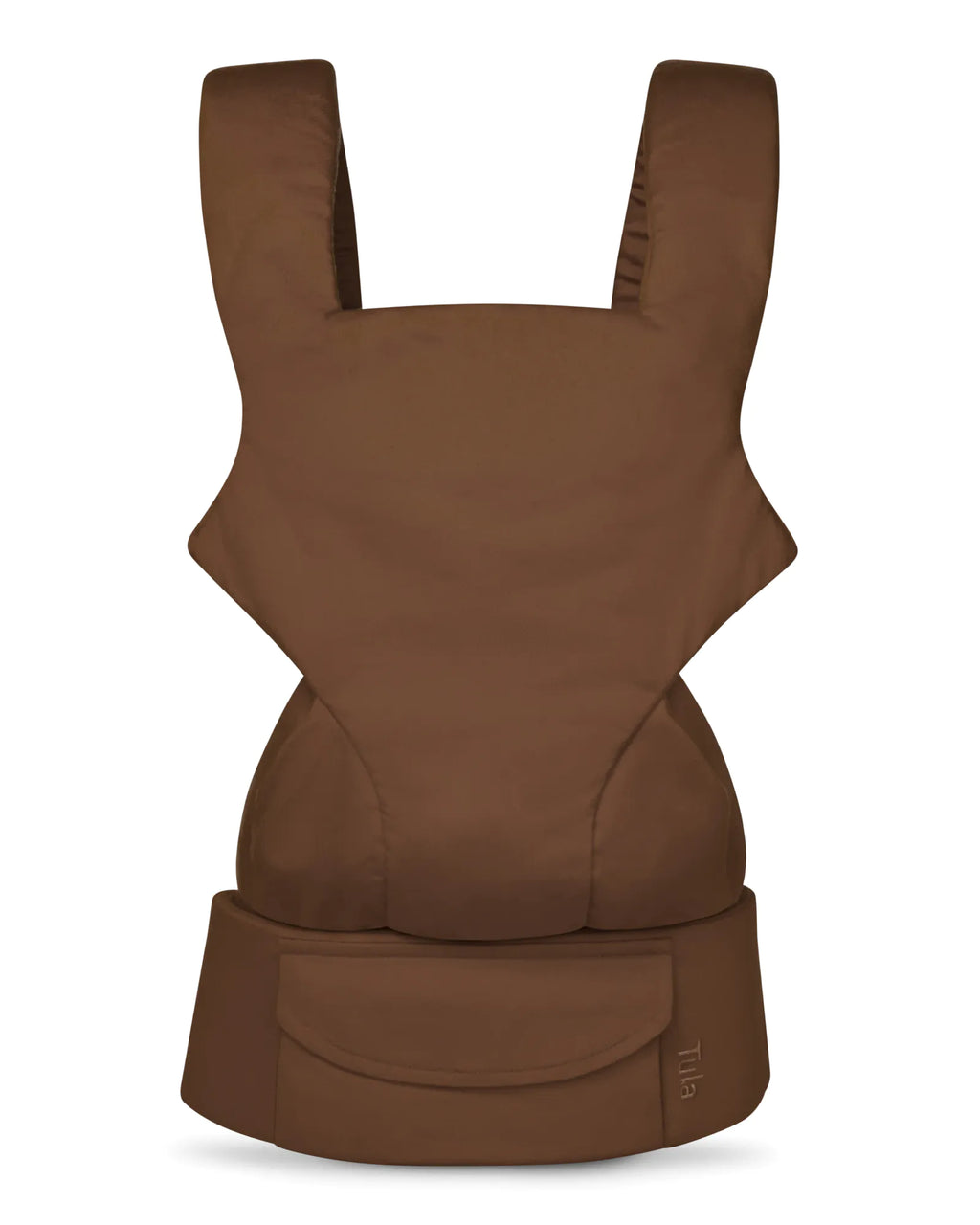 A brown linen baby carrier seat pad shown from the front on a white background.