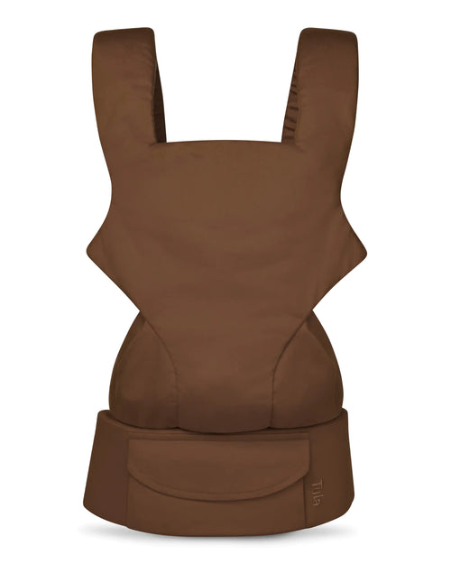 A brown linen baby carrier seat pad shown from the front on a white background.