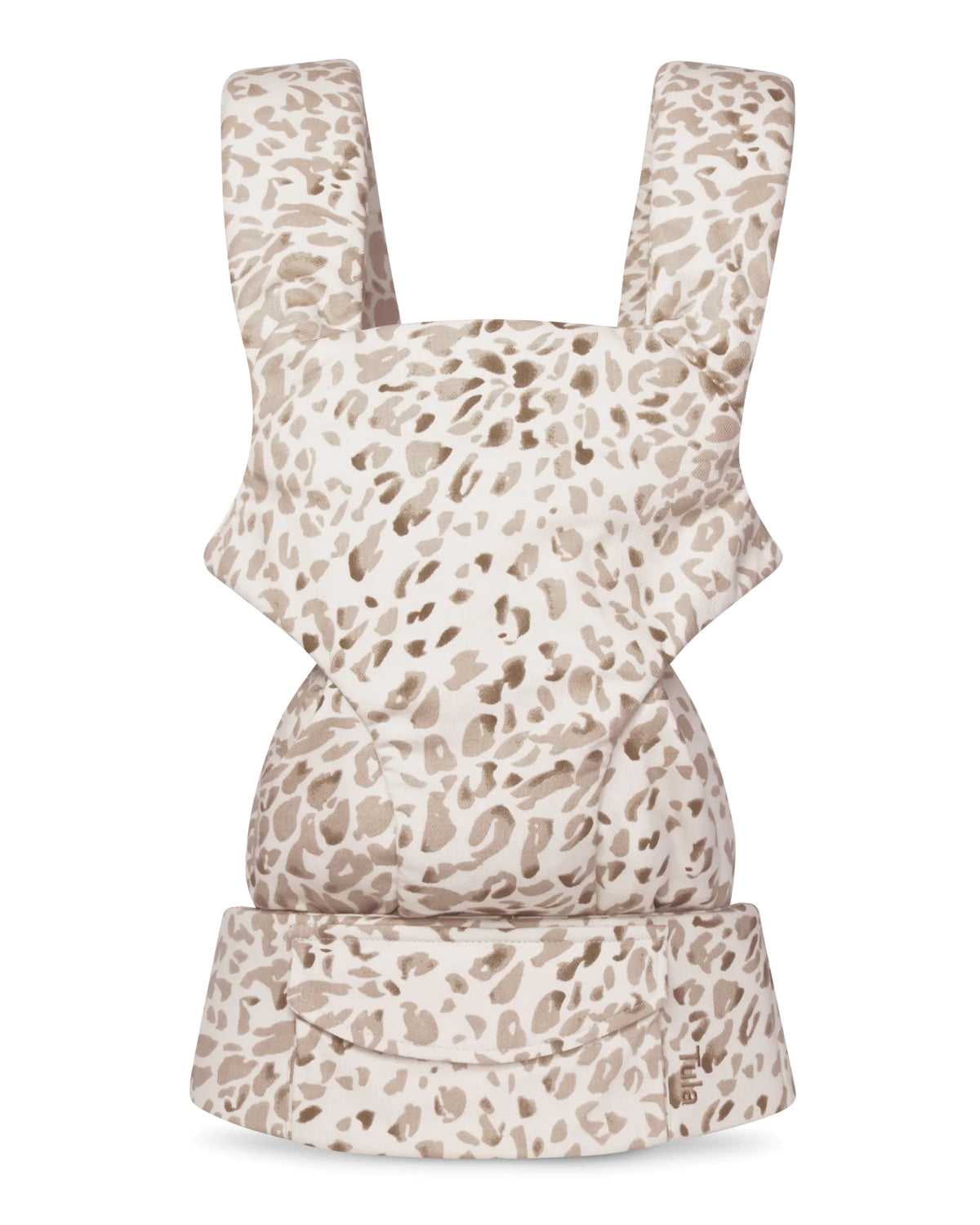 A linen baby carrier with a beige and brown leopard print pattern, shown on a clean white background.