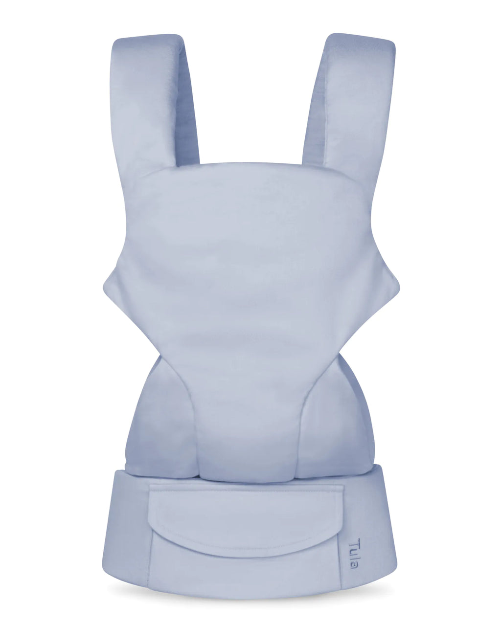 A light blue linen baby carrier shown from the back, featuring padded shoulder straps and a waist belt with a front pocket, photographed on a clean white background.