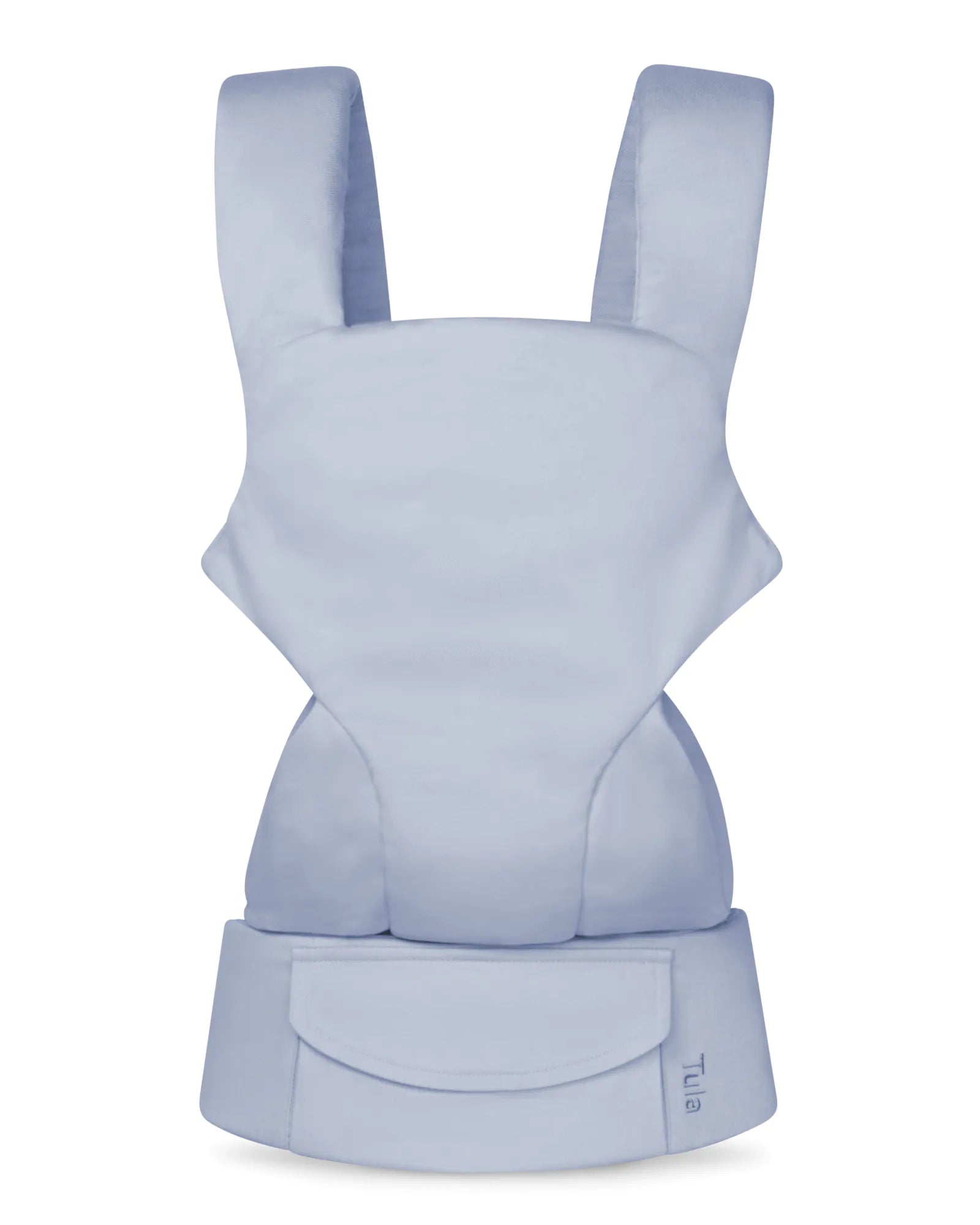 A light blue linen baby carrier shown from the back, featuring padded shoulder straps and a waist belt with a front pocket, photographed on a clean white background.
