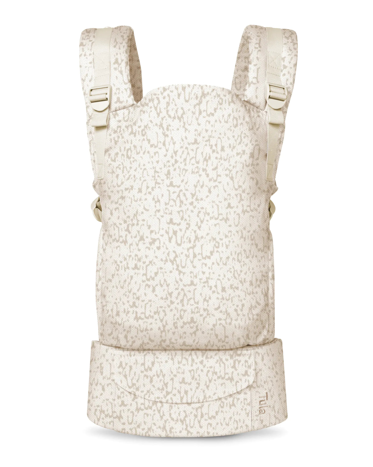 A Tula mesh baby carrier in a light beige and white speckled pattern, shown from the front against a plain white background.