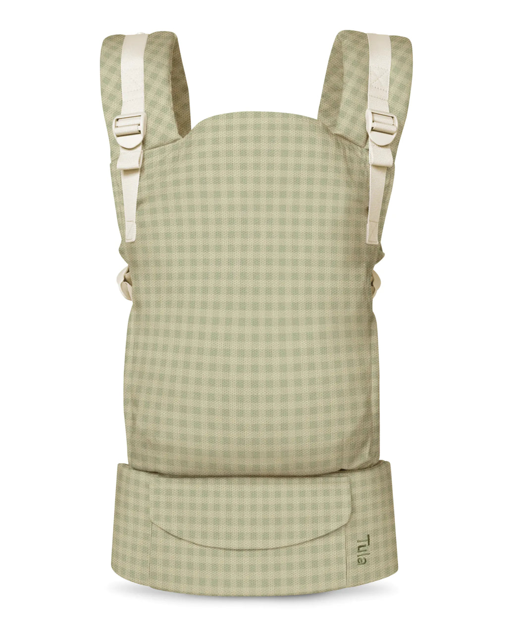 A mesh tula original baby carrier in a light sage green and beige gingham checkered pattern, shown from the front against a plain white background.