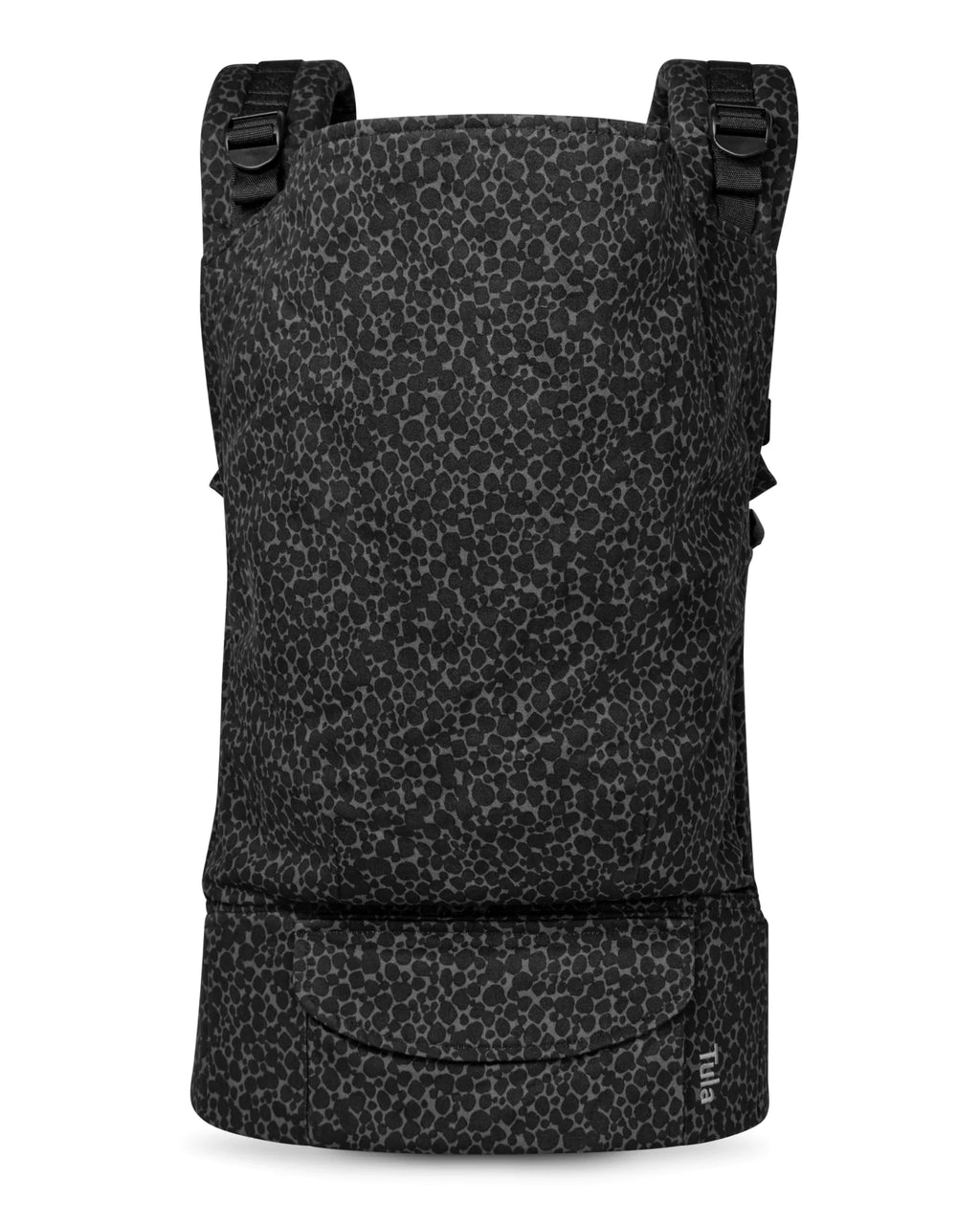 A toddler carrier with a black and gray leopard print pattern, shown from the front against a plain white background.