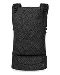 A toddler carrier with a black and gray leopard print pattern, shown from the front against a plain white background.