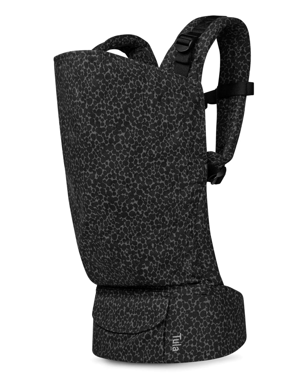 A toddler carrier backpack in black with a fine gray leopard print pattern, shown from the front against a plain white background.