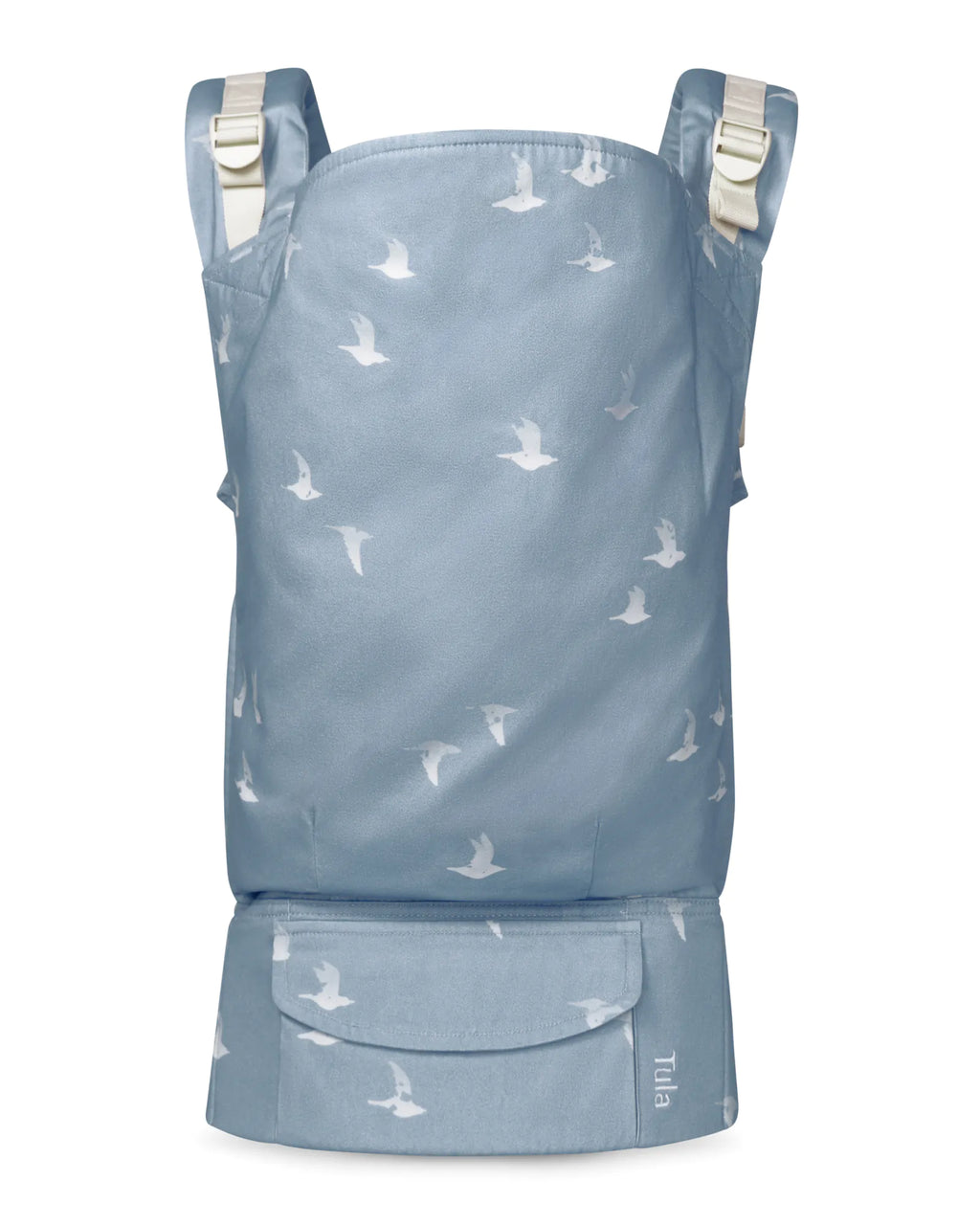 A toddler carrier in a dusty blue color with a white seagull pattern, shown against a plain white background.