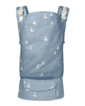 A toddler carrier in a dusty blue color with a white seagull pattern, shown against a plain white background.