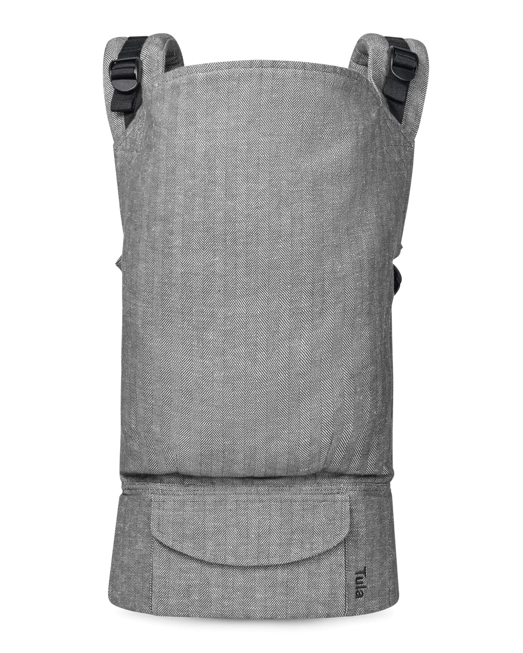 A gray heathered toddler carrier shown from the front against a plain white background, featuring adjustable shoulder straps and a front pocket.