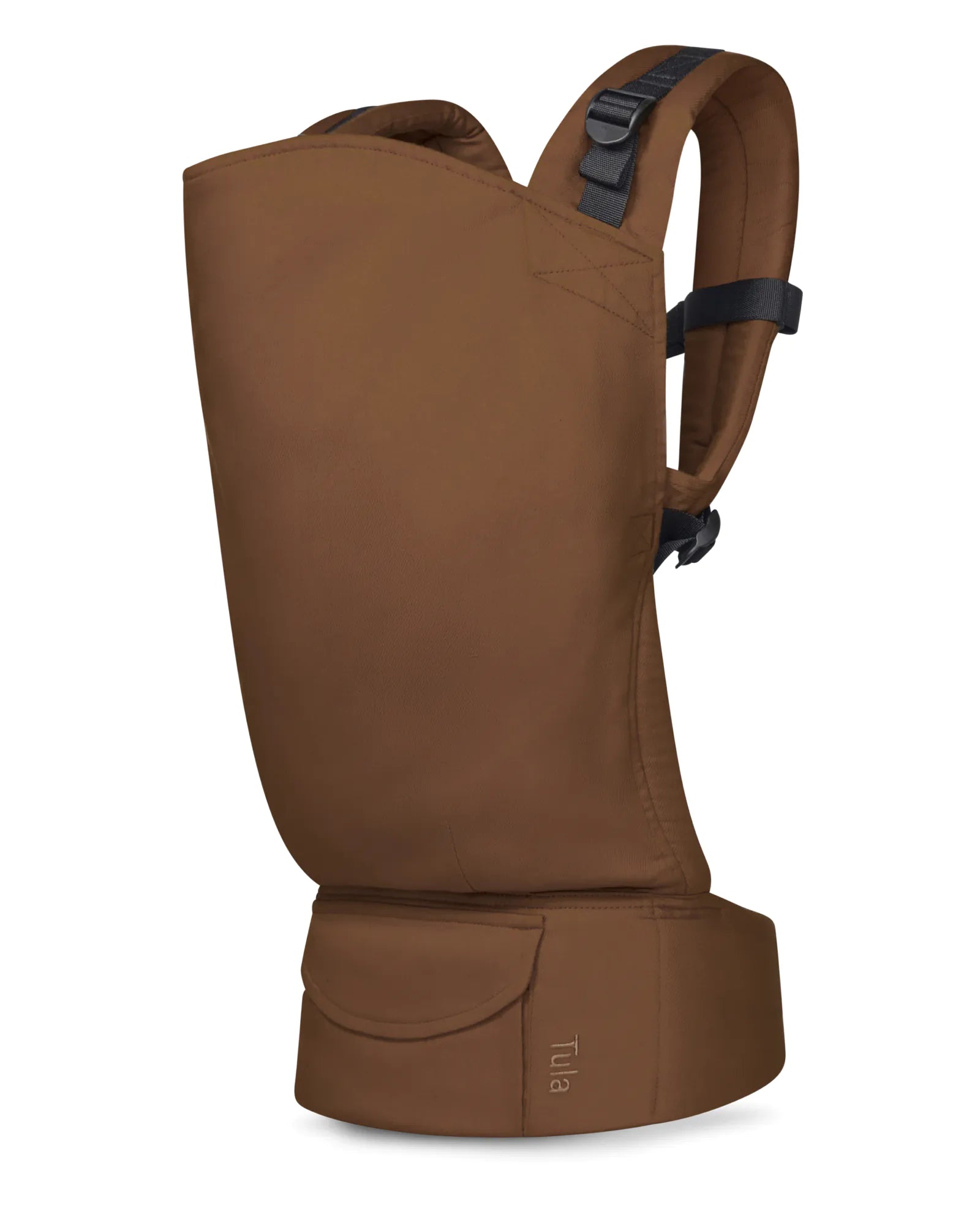 A brown toddler carrier shown from the side against a plain white background, featuring a side pocket and adjustable straps.