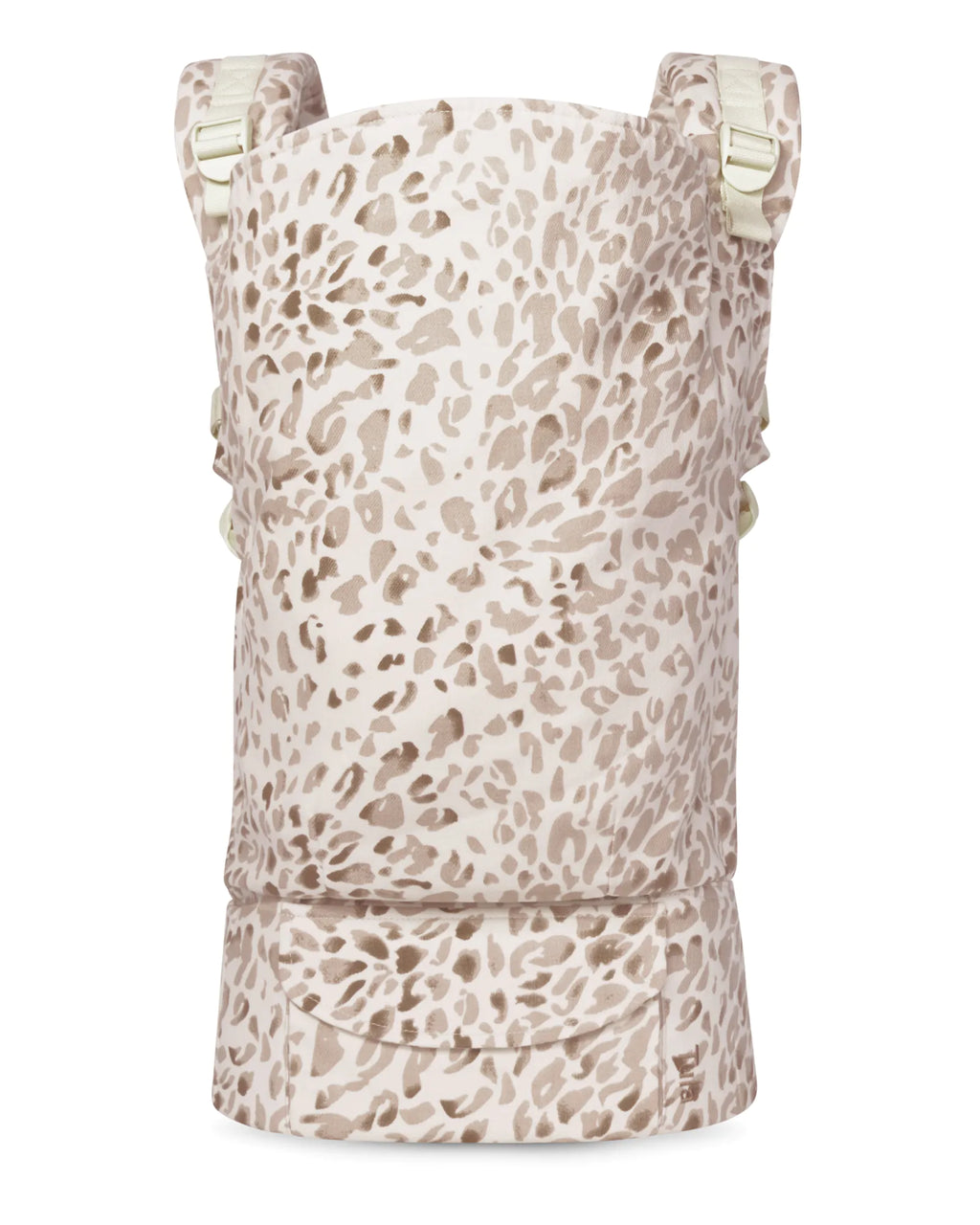 A toddler carrier featuring a beige and light brown leopard print pattern, shown on a solid white background.