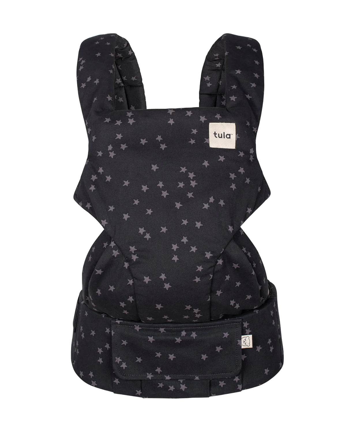 A baby carrier seat belt featuring a black fabric with a light gray star pattern, shown against a plain white background. The brand name 'tula' is visible on a small white label on the upper right side.