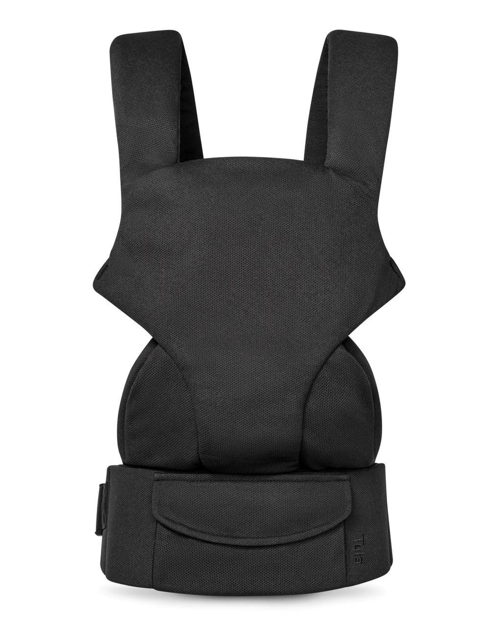 A black mesh baby carrier with padded shoulder straps and a waist belt, shown from the back on a plain white background.