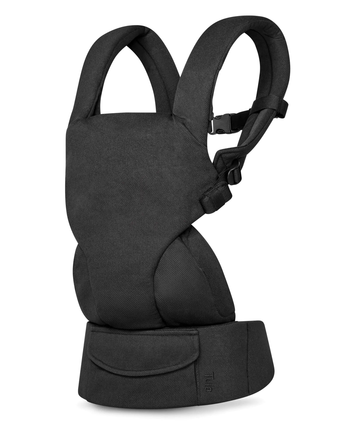 A black mesh baby carrier with padded shoulder straps and a waist belt, shown from the side against a plain white background.