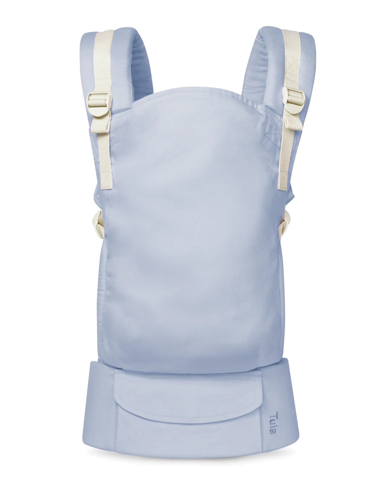 A light blue linen baby carrier with cream-colored shoulder straps and side buckles, shown from the front against a plain white background.