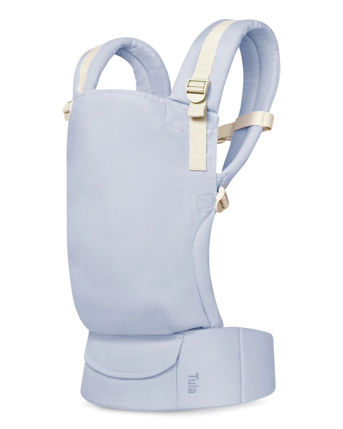 A light blue linen baby carrier shown from the side against a plain white background, featuring cream-colored straps and buckles.