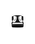 A black plastic quick-release baby carrier buckle, shown from a top-down view on a solid white background.