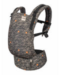 Gray baby carrier with orange patterns on a white background