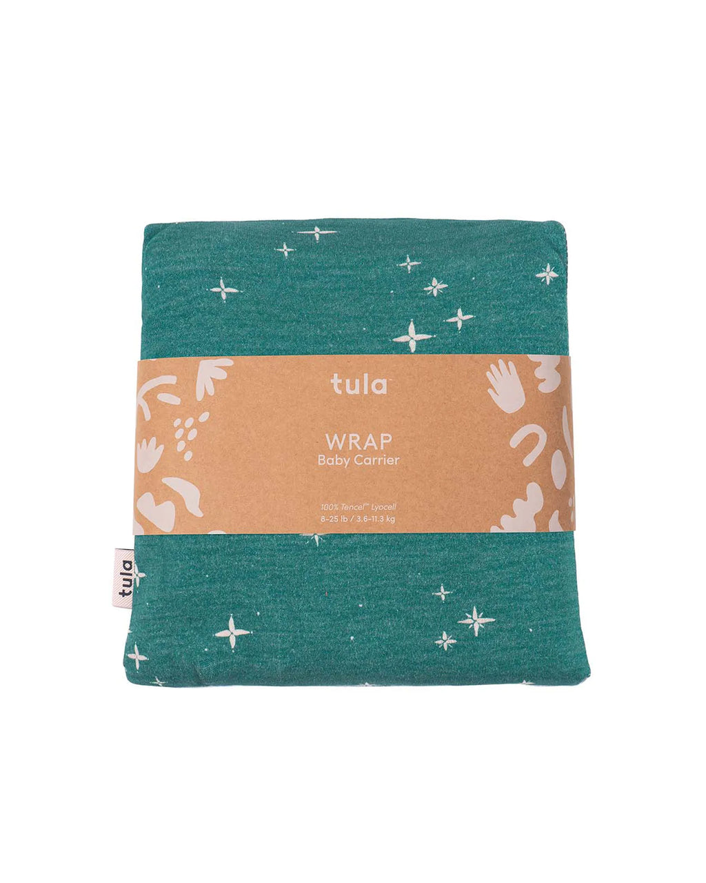 A folded Tula baby wrap in teal green with a white star and footprint pattern.