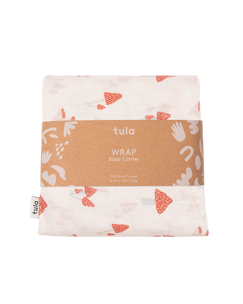 A folded Tula baby wrap with a light cream background and a coral-red and white mushroom pattern