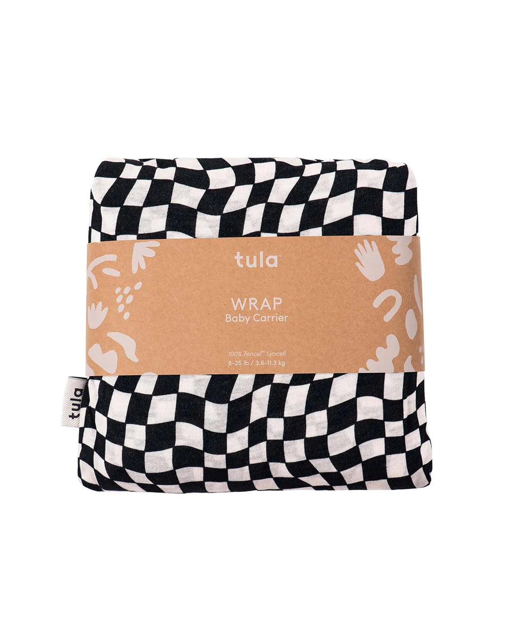 A folded Tula baby wrap with a black and white checkered pattern.
