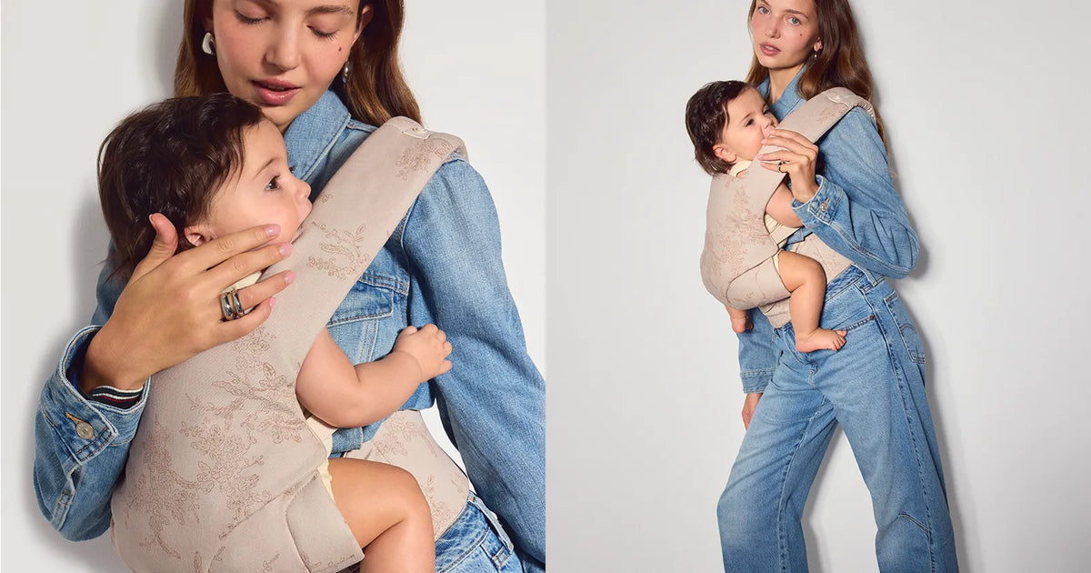 A woman wearing a beige baby carrier with a toddler strapped inside, shown in a side-by-side split view against a plain light gray studio background.